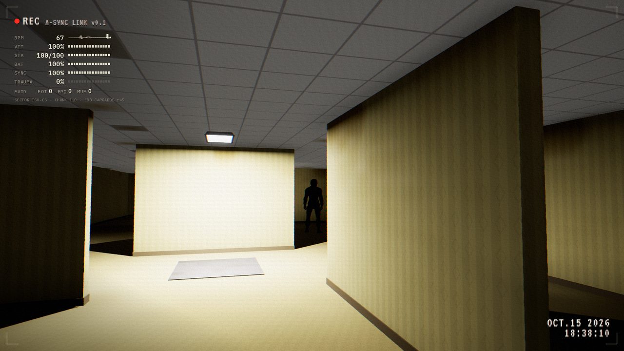 A silhouette standing at the end of a dark corridor.